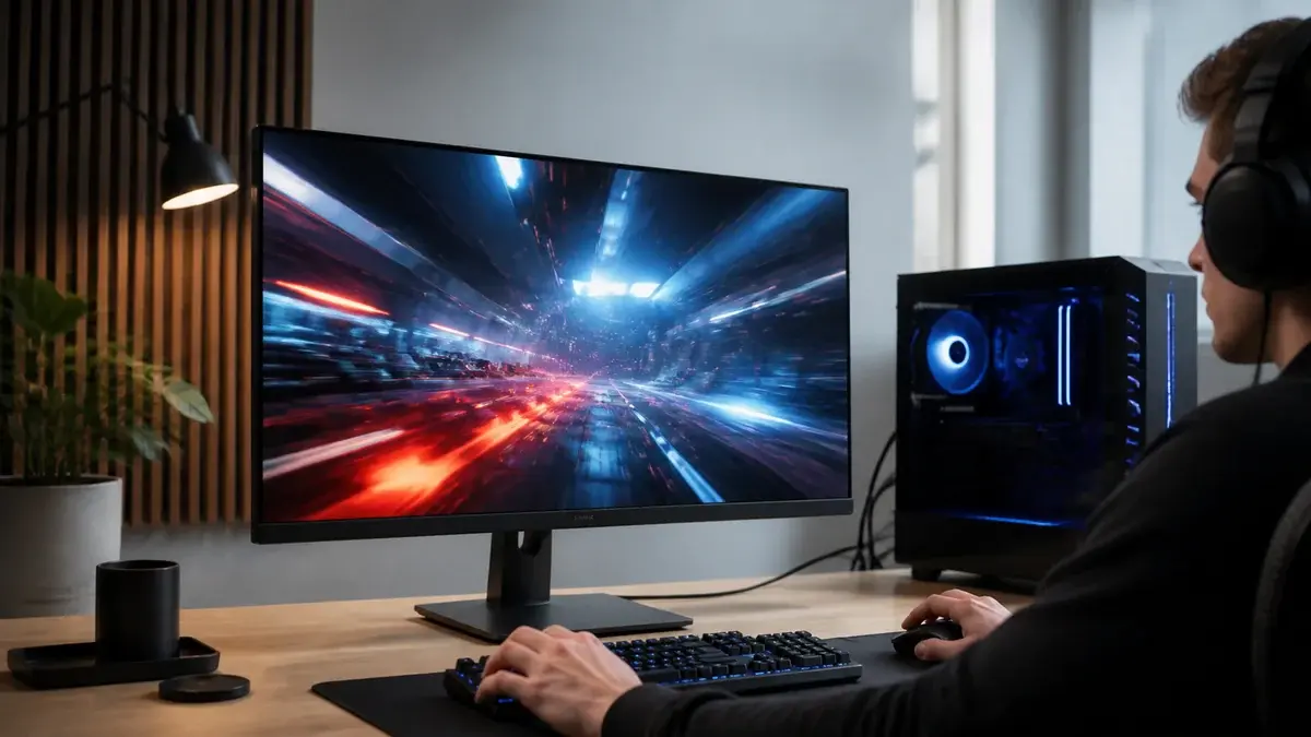 Spiller foran en hurtig 240Hz-skærm i et fokuseret setup