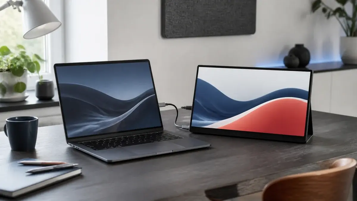 Bærbar skærm koblet til en laptop med et enkelt kabel