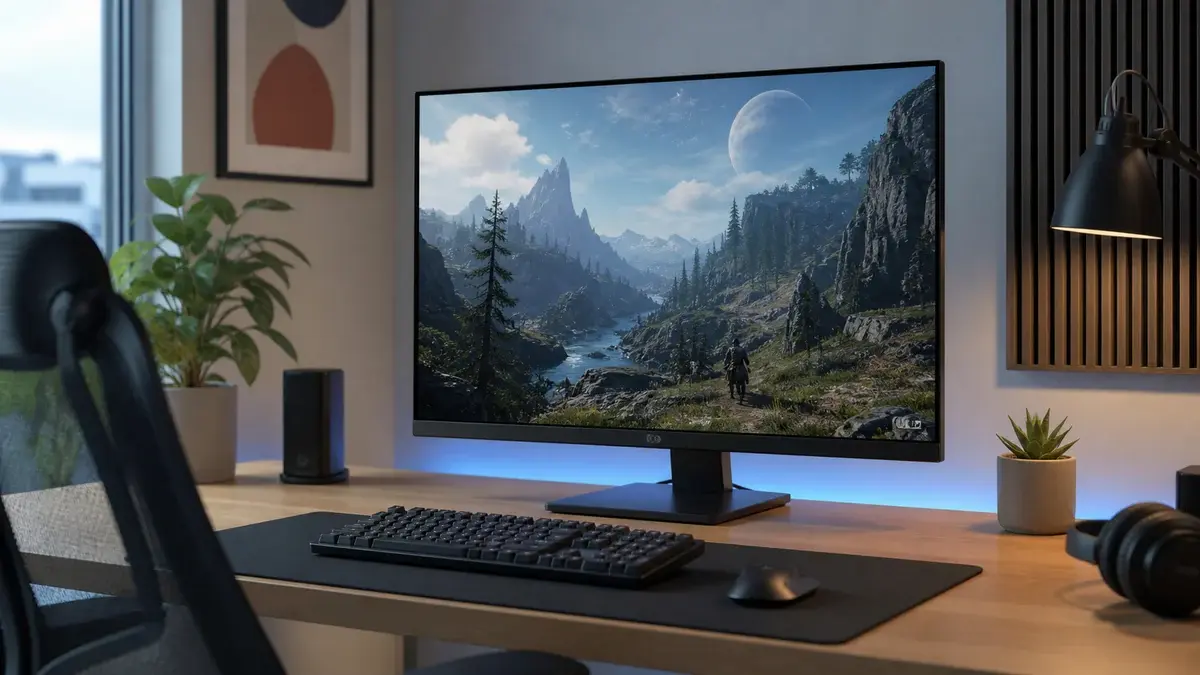 Gaming-skærm med ergonomisk tastatur og afdæmpet lys