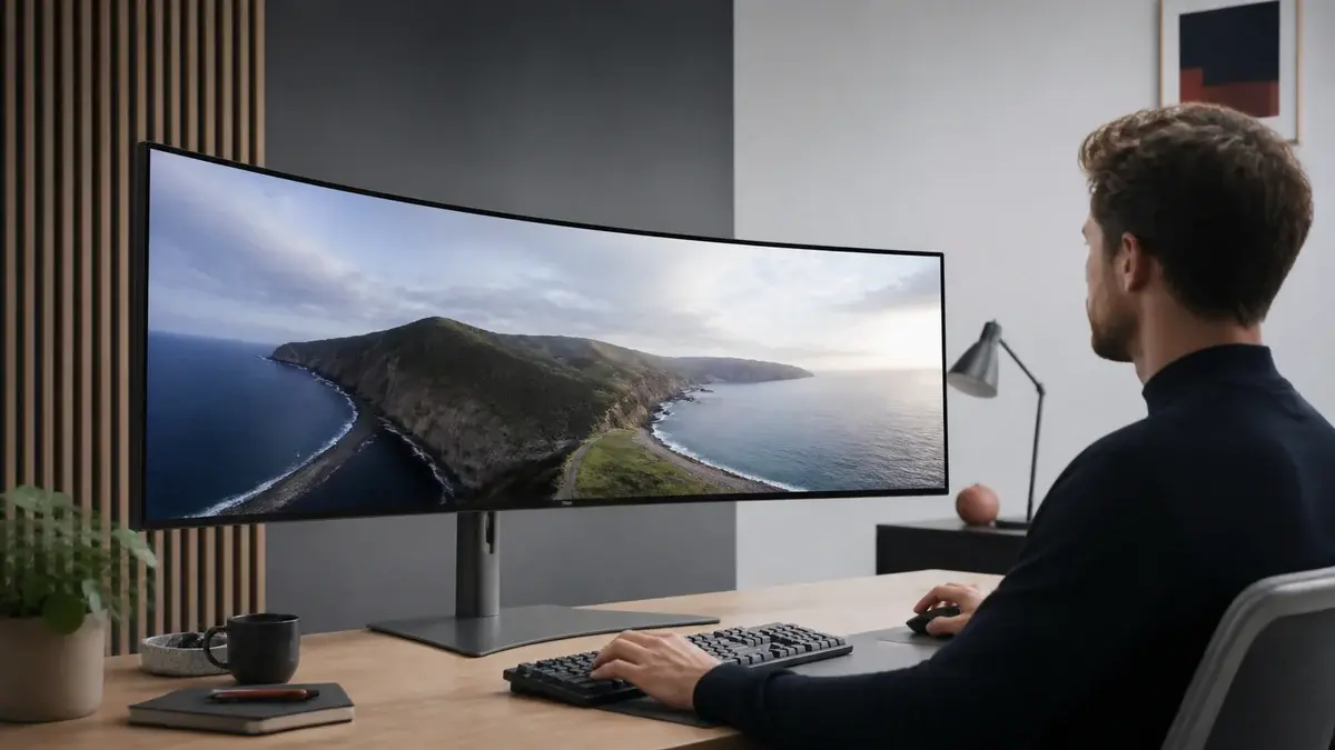 Buet ultrawide-skærm på et moderne hjemmekontor