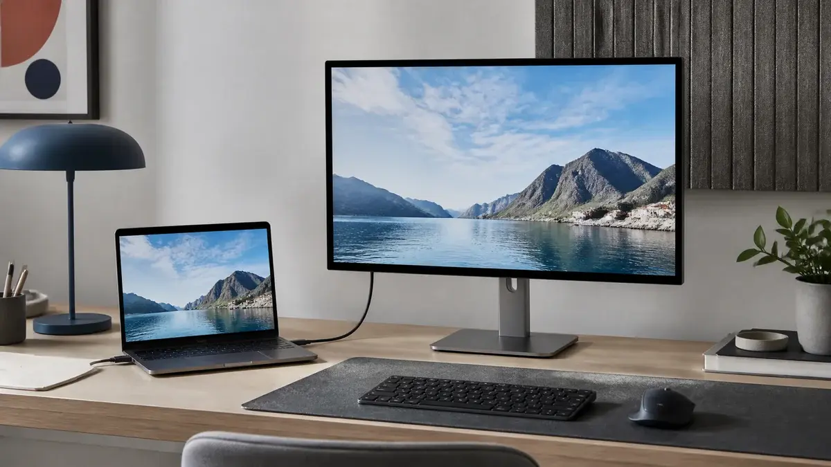 Laptop og ekstern skærm forbundet med ét USB-C-kabel