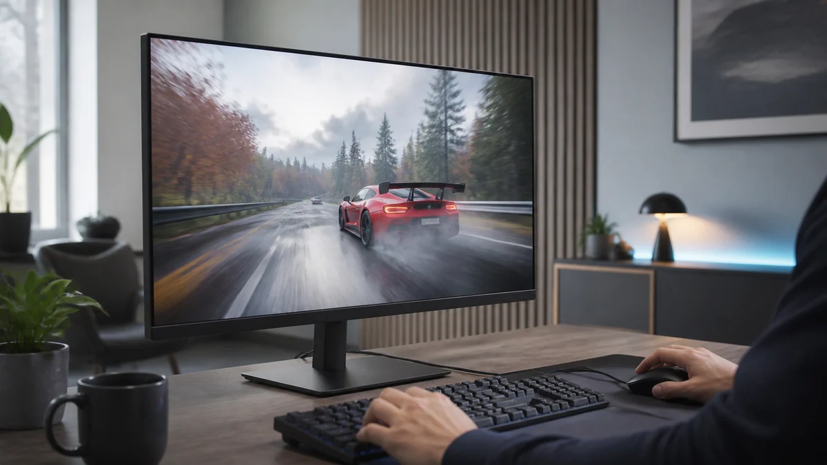 Gamingskærm med en skarp racerscene i høj fart